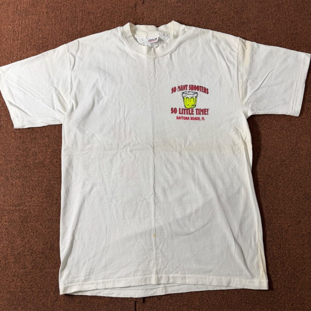 Vintage Anvil Daytona Beach Shooters Graphic T-Shirt Mens Large White‎ Made USA